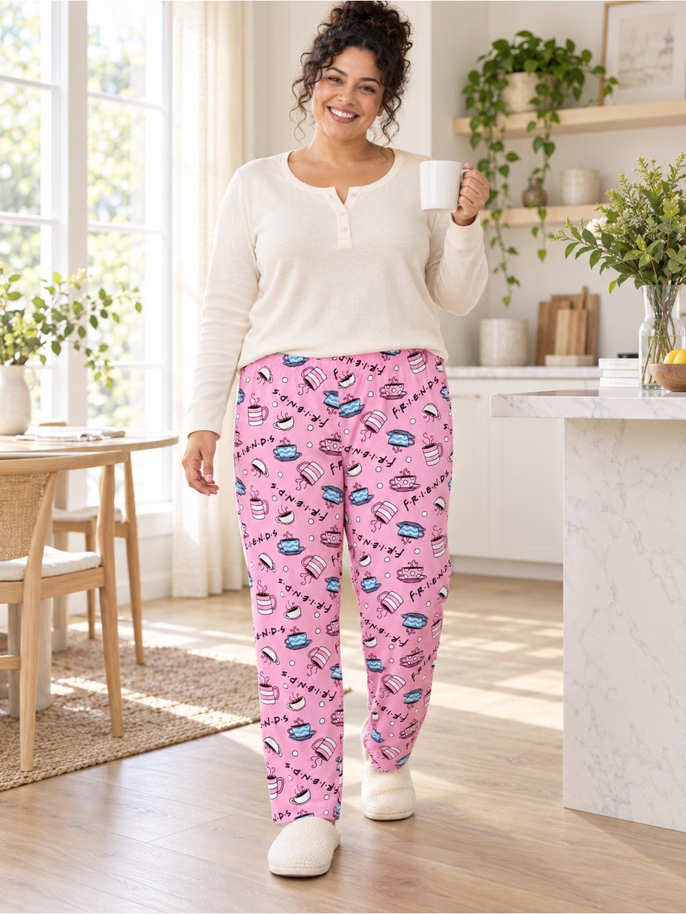 Friends Coffee Cup Pajama Pants XL 16–18 Pink NWOT
